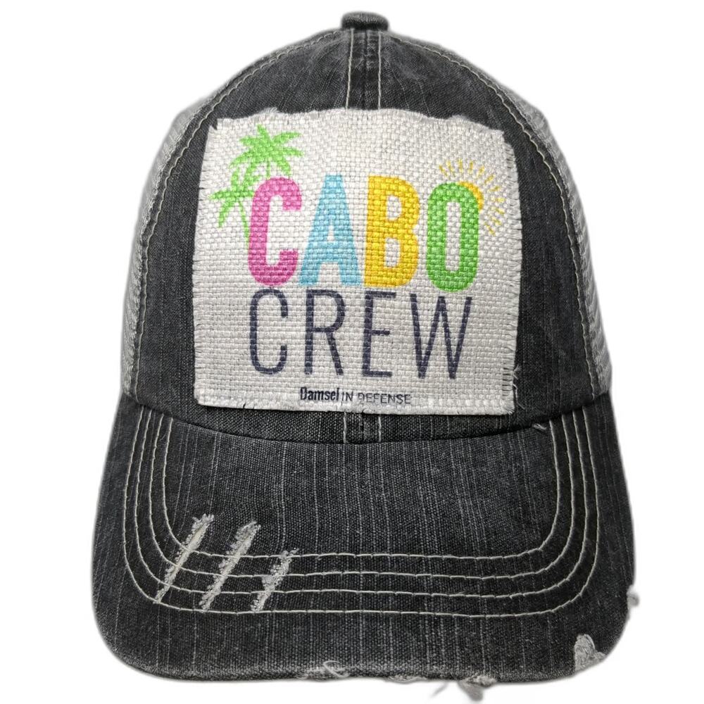 Damsel in Defense Baseball Cap Gray OS Distressed Mesh Cabo Crew Palm Tree Hat